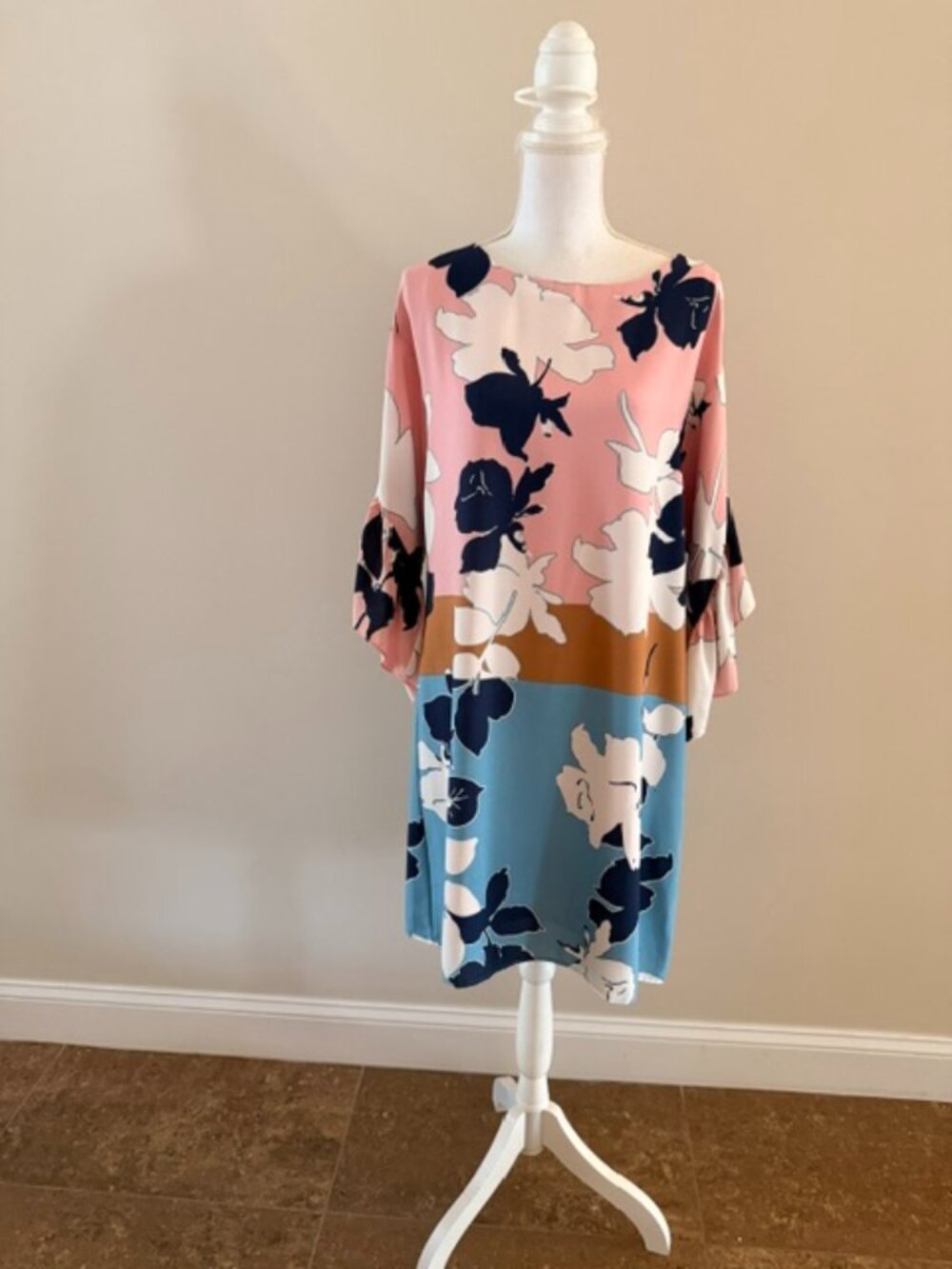 Color Block Floral Shift Dress Bell Sleeves Pink Blue Navy Size L